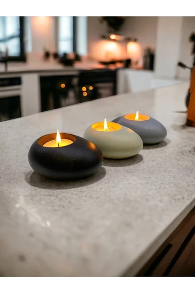 Three Drops Minimal Dekoratif Beton Tealight Mumluk 3'lü Set - 6