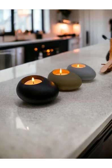 Three Drops Minimal Dekoratif Beton Tealight Mumluk 3'lü Set - 5