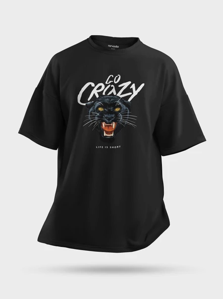 Oversize Go Crazy Kara Panter Pars Baskılı Unisex Siyah Tişört