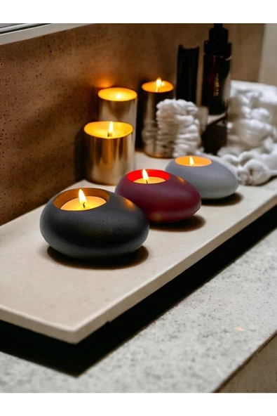 Three Drops Minimal Dekoratif Beton Tealight Mumluk 3'lü Set | Siyah-Bordo-Gri | - 4
