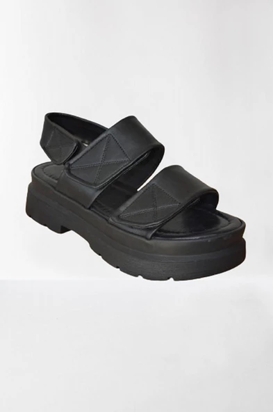 Dolgulu Siyah Çift Bant Kadın Sandalet - 2