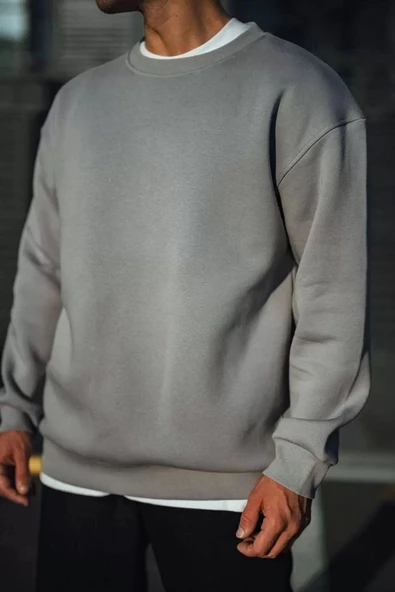 Kışlık Bisiklet Yaka Üç İplik Basic SweatShirt - Boyalı Gri