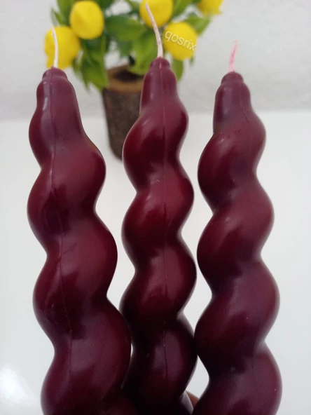 qosrix 3'lü Bordo Italyan Burgulu Şamdan Soya Mumu Doğal Kokulu Uzun Çubuk Konik Burgu Spiral Mum Dekoratif - Resim 3