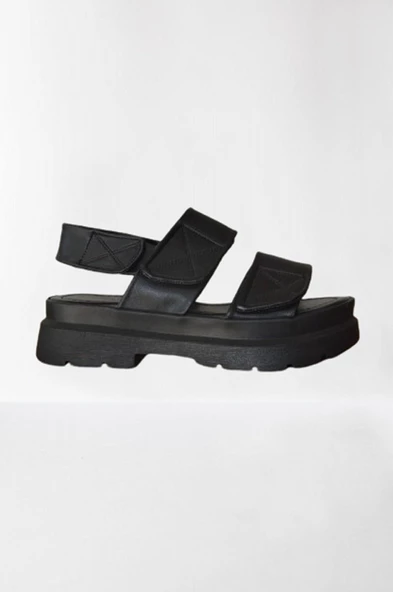 Dolgulu Siyah Çift Bant Kadın Sandalet