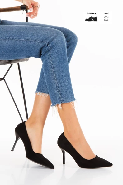 Kadın Süet Siyah Topuklu Stiletto Ayakkabı ( İç Astar Deri ) - 2