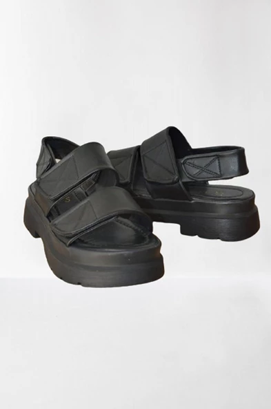 Dolgulu Siyah Çift Bant Kadın Sandalet - 3