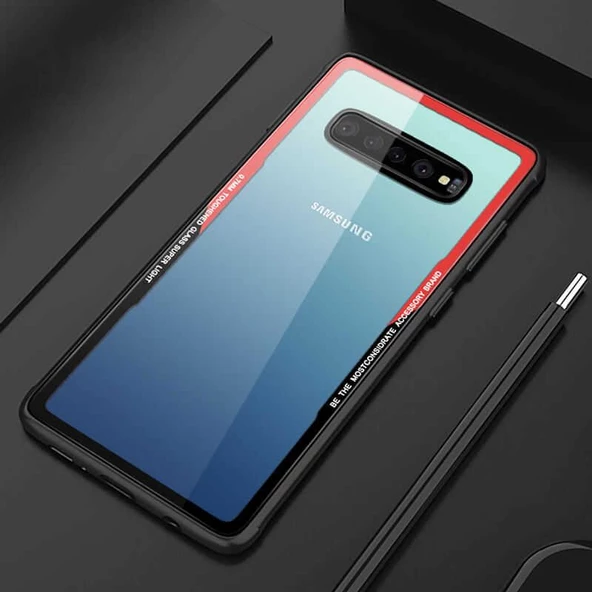 Galaxy S10 Plus Kılıf Silikon Kenar Arkası Şeffaf Cam Lüx Kapak