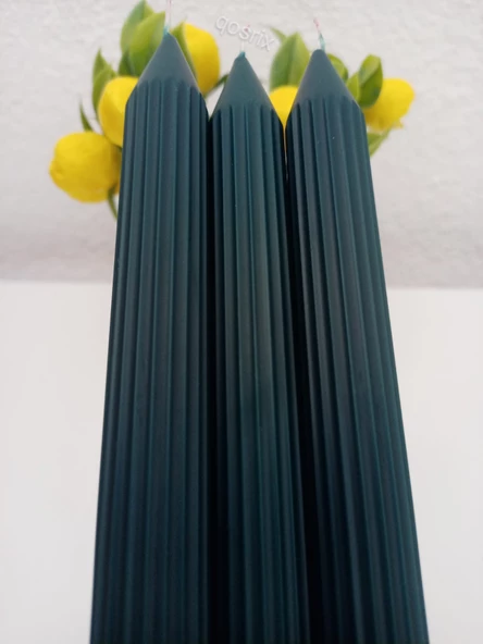 qosrix 3'lü Petrol Yeşili Şamdan Soya Mumu 1. Kalite Doğal Vanilya Kokulu Uzun Çubuk Konik Mum Dekoratif - 4