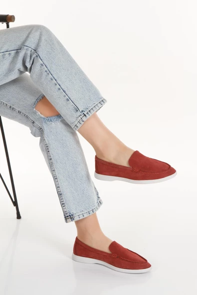 Kadın Bordo Hakiki Süet Deri Babet Ayakkabı - SMX-0243 - 2