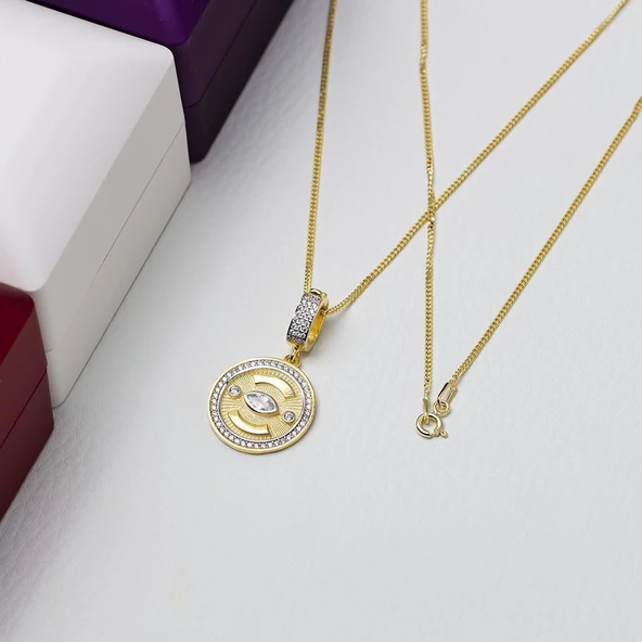 Güneş Göz Model Markiz Zirkon Taş Detaylı Gold Rengi 925 Ayar Gümüş Kadın Kolye - 2