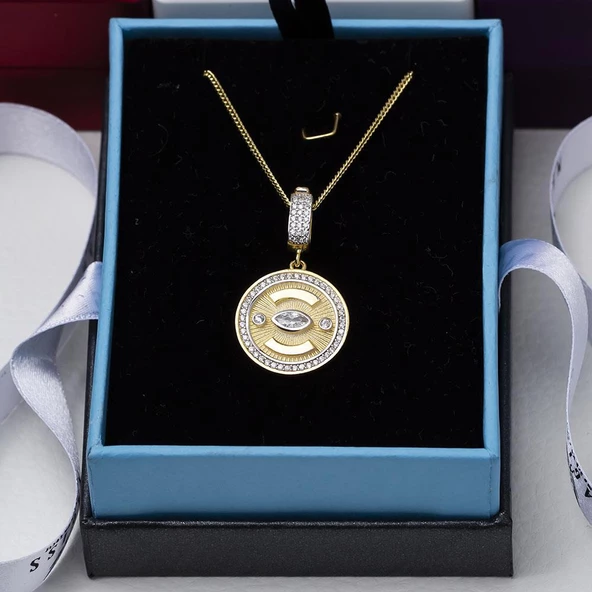 Güneş Göz Model Markiz Zirkon Taş Detaylı Gold Rengi 925 Ayar Gümüş Kadın Kolye - 3