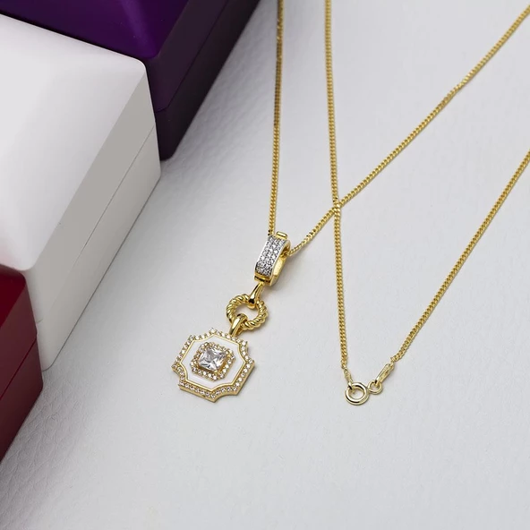 5mm Kare Zirkon Taşlı Beyaz Mineli Gold Rengi Gümüş Kadın Kolye - 2