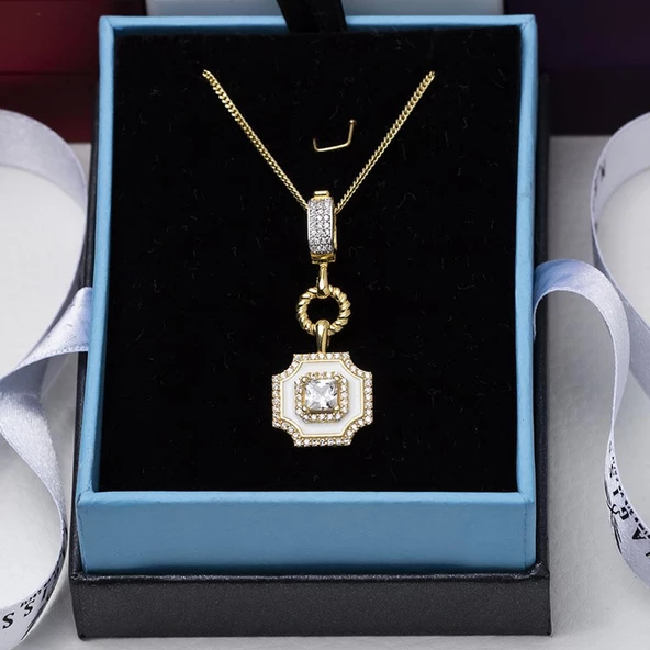 5mm Kare Zirkon Taşlı Beyaz Mineli Gold Rengi Gümüş Kadın Kolye - 3