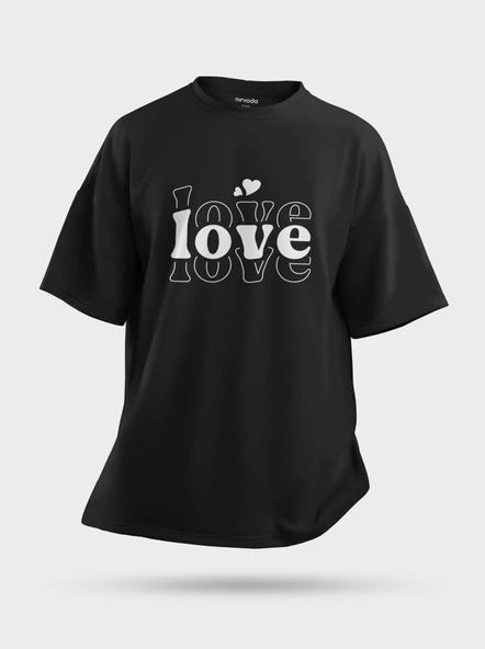 Oversize Love Kalpli Yazılı Baskılı Unisex Tişört