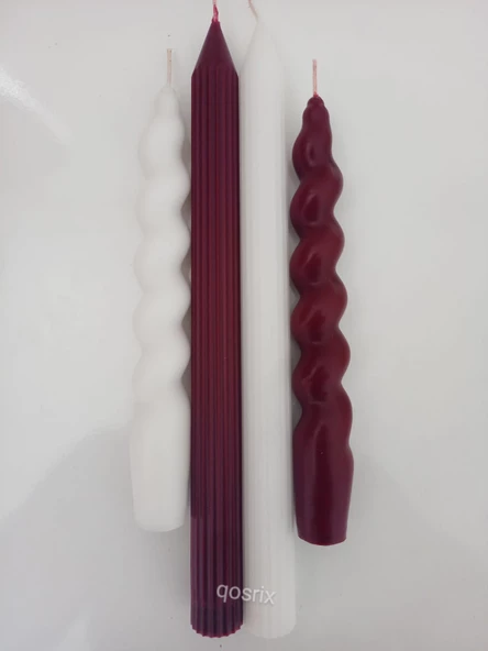 qosrix 4'lü Beyaz Bordo Italyan Burgulu Şamdan Soya Mumu Doğal Kokuluuzun Çubuk Konik Burgu Spiral Mum ürün görseli