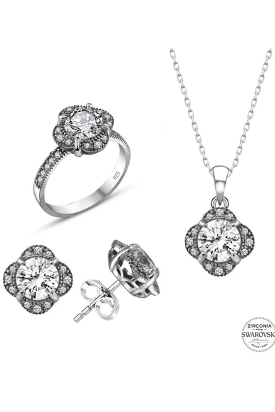 Sertifikalı Swarovski Tektaş Gül Modeli 925 Gümüş Set - Resim 2