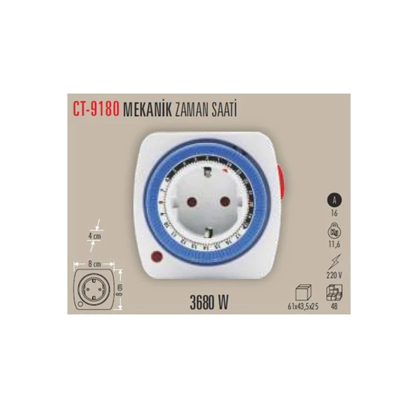 Cata CT-9180 Mekanik Zaman Saati Zaman Ayarlı Priz 3680W Timer - 5