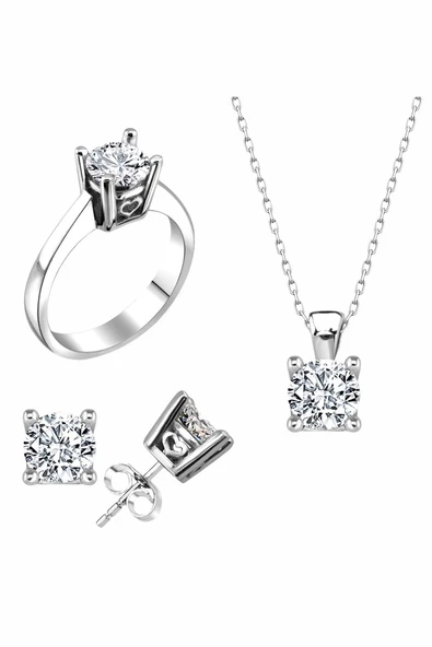 Sertifikalı Swarovski Tek Taş Kalp Montür 925 Gümüş Set Takım