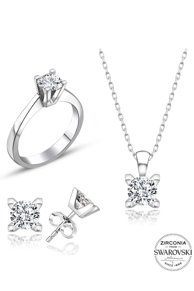 Sertifikalı Swarovski Taşlı Klasik Tek Taş 925 Gümüş Set Takım - 2