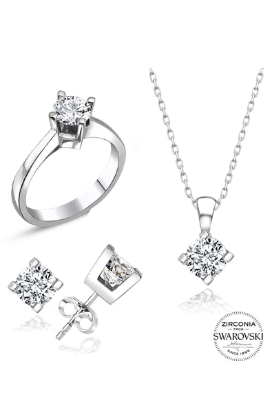 Sertifikalı Swarovski Taşlı Tek Taş 925 Gümüş Set Takım - 2