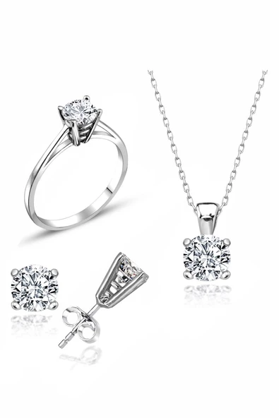 Sertifikalı Swarovski Taşlı Tektaş 925 Gümüş Set Takım