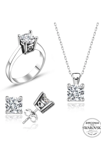 Sertifikalı Swarovski Tek Taş Kalp Montür 925 Gümüş Set Takım - 2