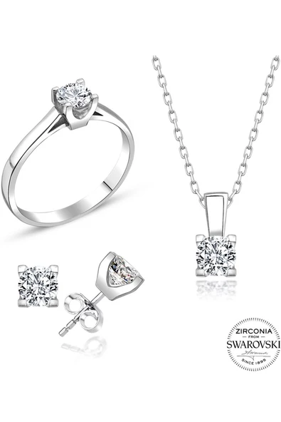Sertifikalı Swarovski Minik Tek Taş 925 Gümüş Set Takım - 2