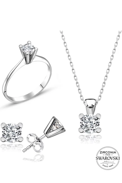 Sertifikalı Swarovski Taş Zarif Tek Taş 925 Gümüş Set Takım - 2