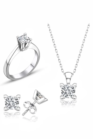 Sertifikalı Swarovski Taşlı Klasik Tek Taş 925 Gümüş Set Takım