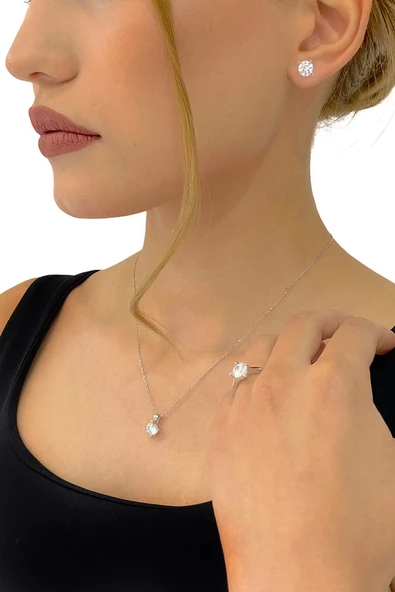 Sertifikalı Swarovski Taşlı Tek Taş 925 Gümüş Set Takım - 3