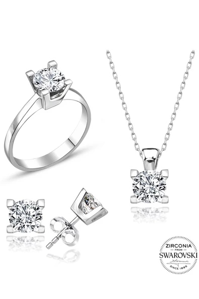 Sertifikalı Swarovski Taş Klasik Tek Taş 925 Gümüş Set Takım - 2