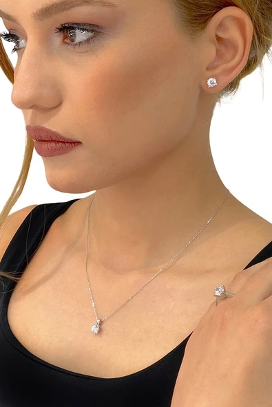 Sertifikalı Swarovski Tek Taş Kalp Montür 925 Gümüş Set Takım - 3