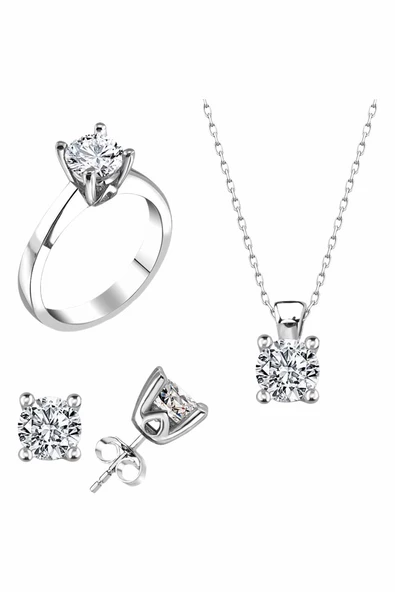 Sertifikalı Swarovski Tek Taş 925 Gümüş Set Takım