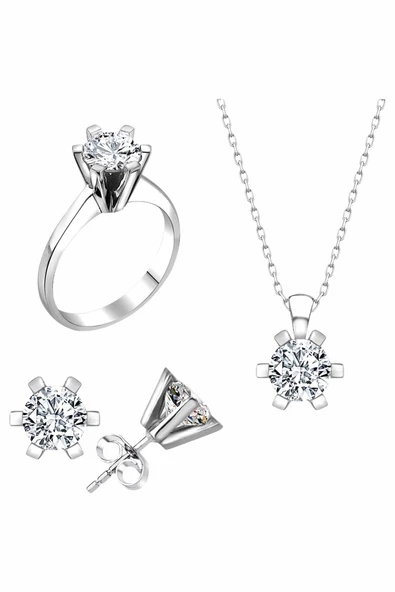 Sertifikalı Swarovski Taş 6 Tırnaklı 925 Gümüş Set Takım - 1