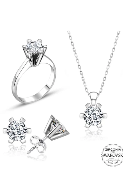 Sertifikalı Swarovski Taş 6 Tırnaklı 925 Gümüş Set Takım - 2
