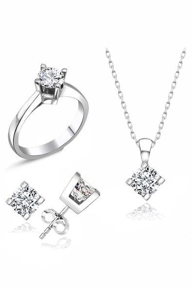 Sertifikalı Swarovski Taşlı Tek Taş 925 Gümüş Set Takım