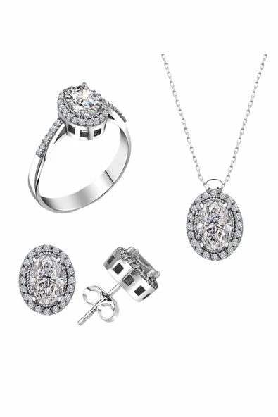 Sertifikalı Swarovski Taşlı Oval Kesim 925 Gümüş Set Takım