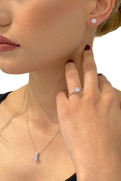 Sertifikalı Swarovski Taş Altın Modeli Tek Taş 925 Gümüş Set Takım - 3