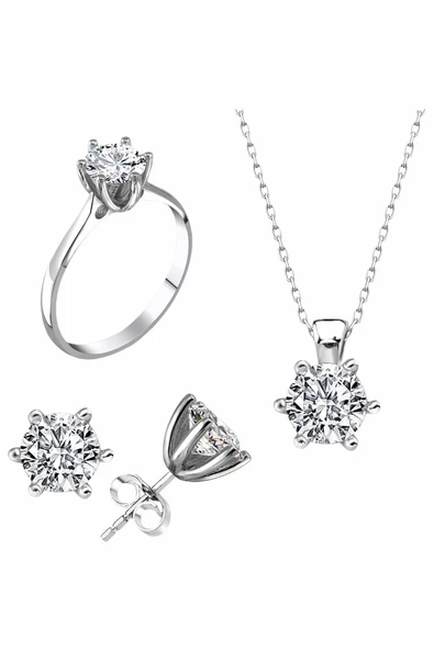 Sertifikalı Swarovski  Pırlanta Montür Tektaş 925 Gümüş Set Takım