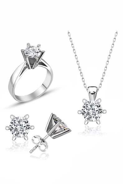 Sertifikalı Swarovski Tektaş Özel Model 925 Gümüş Set Takım - 1