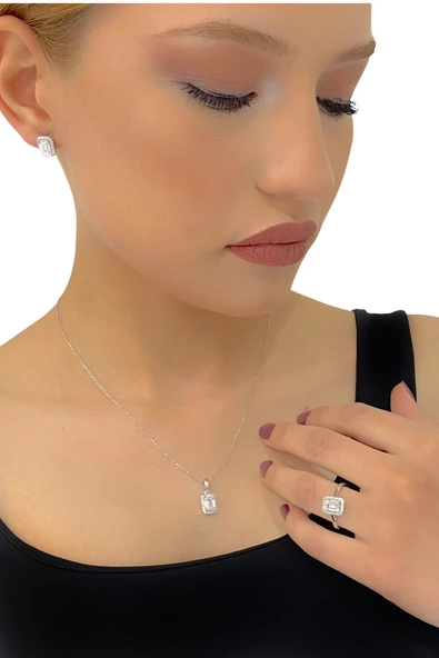 Sertifikalı Swarovski Baget Taş Özel Model 925 Gümüş Set - 2
