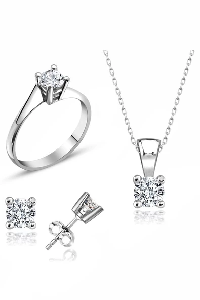 Sertifikalı Swarovski 3 mm Tektaş 925 Gümüş Set Takım - 1