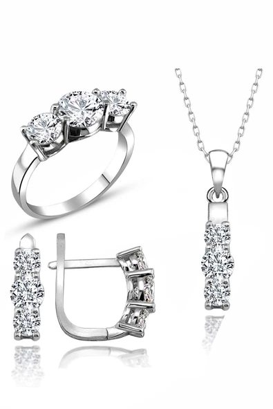 Sertifikalı Swarovski 3 Üç Taş Tria 925 Gümüş Set Takım ürün görseli