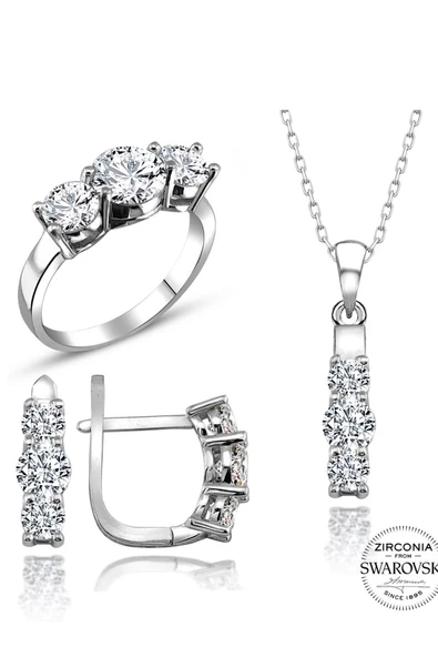 Sertifikalı Swarovski 3 Üç Taş Tria 925 Gümüş Set Takım - Resim 2