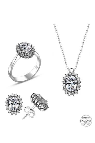 Sertifikalı Swarovski Oval Kesim Tek Taş 925 Gümüş Set - 2