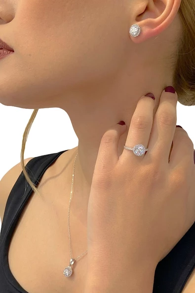 Sertifikalı Swarovski Özel Modeli Tektaş 925 Gümüş Set Takım - 2