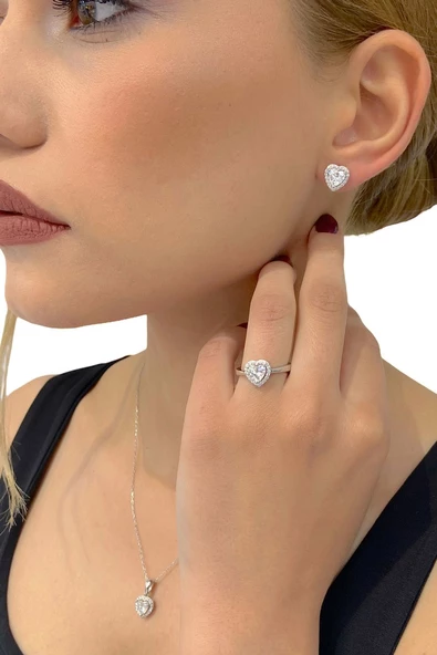 Sertifikalı Swarovski Taşlı Kalp Tektaş 925 Gümüş Set Takım - 2