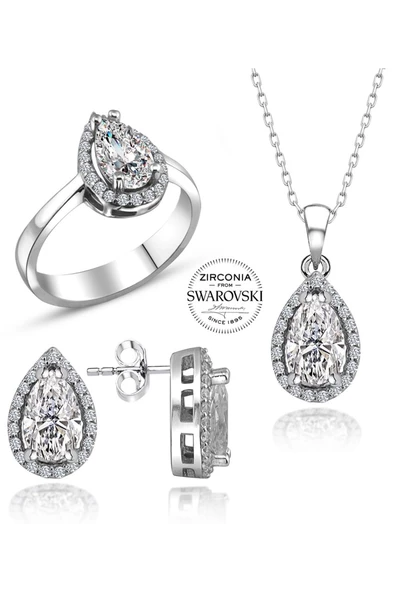 Sertifikalı Swarovski Damla Taşlı Tek Taş 925 Gümüş Set - 2