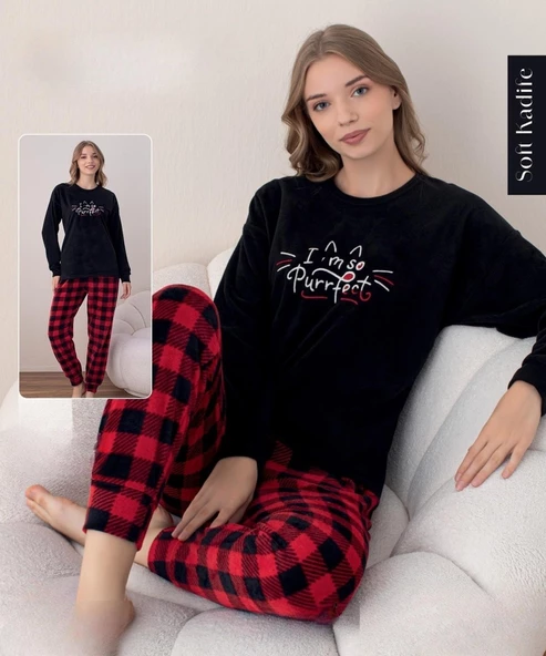 Boyraz Kadın Kışlık Bisiklet Yaka Soft Kadife Pijama Takımı 07018 - 1 Adet  XL Siyah - 2