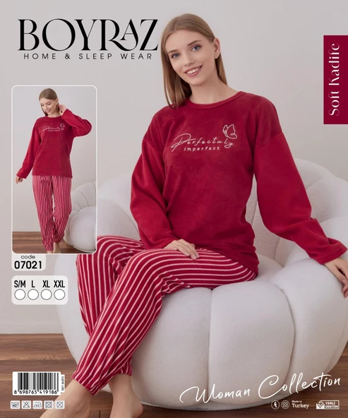 Boyraz Kadın Kışlık Bisiklet Yaka Soft Kadife Pijama Takımı 07021 - 1 Adet  XL Kırmızı - Resim 3